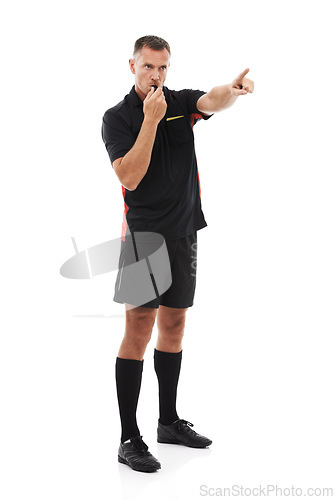 Image of Sport, referee and man blowing whistle, pointing or gesture . in studio warning, sign or message on white background. Sports, coach and hand for rules, compliance and caution while training isolated