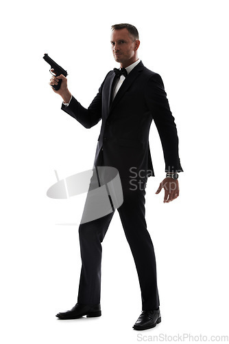 Image of Man in suit with gun isolated on a white background for secret service agent, security or criminal businessman. Private detective, professional law person or spy with shooting weapon in studio mockup