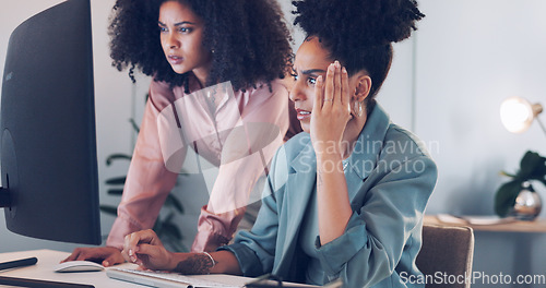 Image of Computer, black african american woman or manager coaching, training or helping an employee with mentorship at office desk. Leadership, collaboration or worker with a question talking or speaking of