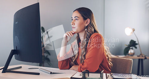 Image of Business woman, thinking and focus with computer and working, reading and research for company proposal, typing and writing report. Corporate employee, keyboard and computer screen in office