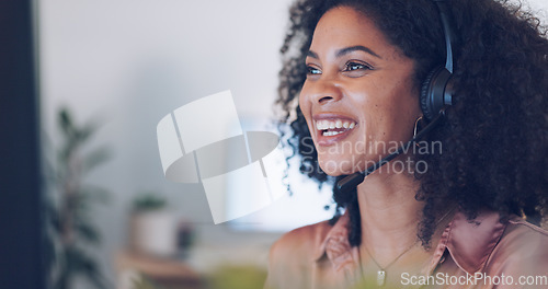 Image of Headache, frustrated or black woman in call center with stress working in customer services helping sales client. Telemarketing, migraine pain or technical support talking, communication or speaking