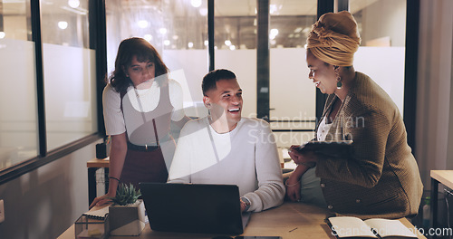 Image of Laptop, tablet and business people teamwork on night project, digital finance portfolio or feedback review of stock market research. Financial economy, investment collaboration and trader trading nft