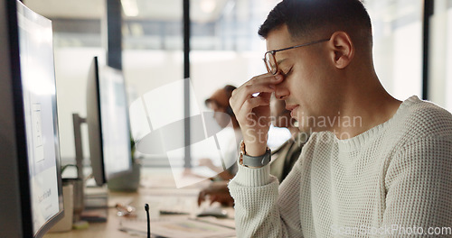 Image of Man tired at call center, burnout and vision problem, focus fail and employee fatigue at customer service job. Contact us, CRM mistake and exhausted with headache and worker desk for customer care.