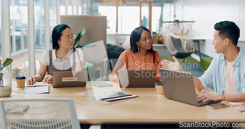 Image of Business people, diversity or meeting with modern office documents, digital marketing laptop or target audience paper. Talking men, women or creative designers and technology for advertising planning