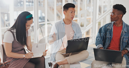 Image of Digital marketing, laptop or people in a meeting planning seo goals, sales kpi or online content marketing strategy. Leadership, innovation or Asian manager training or coaching employees on branding