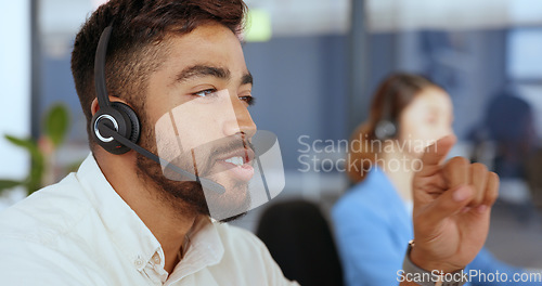 Image of Businessman, face or talking with call center headset in Indian telemarketing company, contact us startup or crm sales consulting. Receptionist, customer support or telecom consultant with headphones