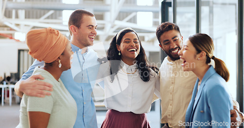 Image of Diversity, business and team hug, modern office and happy for marketing strategy, planning and startup company. Multiracial, staff and embrace for group project success, advertising campaign or smile