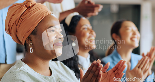 Image of Black woman, applause and accounting business meeting with staff celebration of company success. Target growth, finance team and diversity of business group clapping for support and happiness