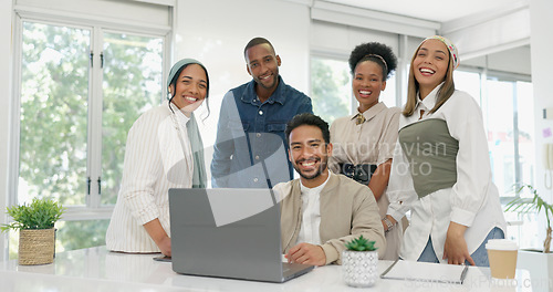 Image of Teamwork, laptop and planning with face of business people in office for strategy, project management and idea. Diversity, support and community with group of employee in startup for leadership goals