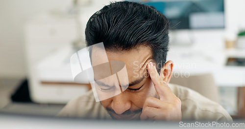 Image of Computer, headache and face of businessman stress over bad investment, stock market crash or financial economy crisis. Burnout, migraine and crypto trader with forex, bitcoin or NFT trading mistake
