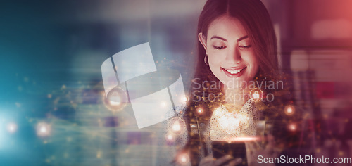 Image of Business woman, future overlay and phone cryptocurrency data at night with cybersecurity light. Digital, happy employee and financial worker working with ux information technology with mockup