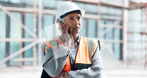 Image of Phone call, engineer manager and woman worker happy talking on smartphone at construction site. Architecture management leader, industrial building worker and online mobile communication conversation