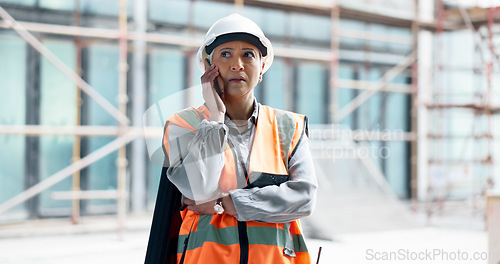 Image of Phone call, engineer manager and woman worker happy talking on smartphone at construction site. Architecture management leader, industrial building worker and online mobile communication conversation