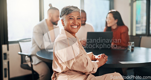 Image of Happy woman, portrait and business meeting with team, management and staff in office for workshop, partnership and startup success. Smile, motivation and mature manager in collaboration with workers