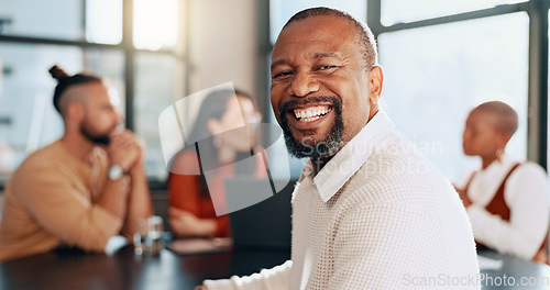 Image of Happy black man, portrait and business meeting with office teamwork, management and workflow support for startup success. Smile, motivation and mature leadership, manager or collaboration in workshop