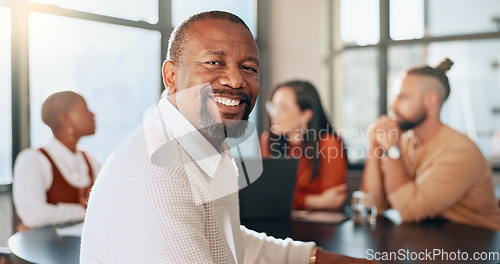 Image of Happy black man, portrait and business meeting with office teamwork, management and workflow support for startup success. Smile, motivation and mature leadership, manager or collaboration in workshop