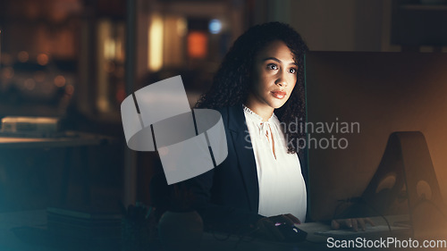 Image of Office, night and black woman on computer for business project, management report and online document. Corporate manager, overtime and female worker working on strategy, planning and website research