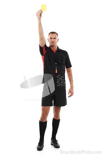 Image of Sports referee, man and yellow card warning for soccer rules, penalty or fail in studio. Fitness coach color sign for mistake, caution or flag for competition game isolated on a white background