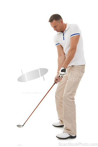 Image of Golf man, sports and swing of driver in studio isolated on a white background ready to start game. Training, golfer and mature male swinging club for golfing workout, exercise and fitness practice.