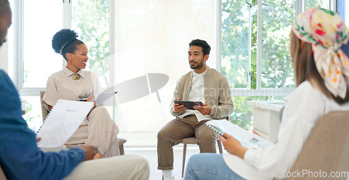 Image of Businessman, talking or answer hands in diversity workshop, training or feedback on tablet or paper. Collaboration, teamwork or strategy planning question for mentor with technology in review meeting