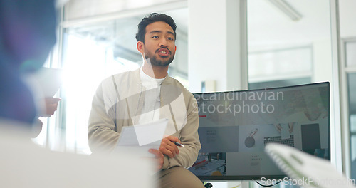 Image of Talking businessman, mentor or diversity meeting on paper, documents or review in office or training feedback. Speaker, leadership or coaching in workshop, collaboration or teamwork strategy planning