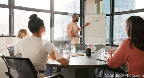 Image of Business leader, presentation and whiteboard for office meeting with team of employees for planning, briefing and talking strategy for growth. Black man speaker with men and women for agenda training