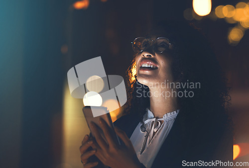 Image of Idea, gps and woman with phone at night for communication, chat and app in city. 5g connection, location and employee thinking with a mobile for networking, conversation and call in the dark in Spain
