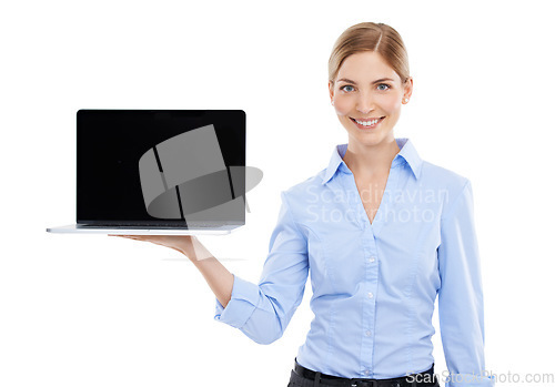 Image of Portrait, laptop and mockup with a business woman in studio on a white background for advertising a website. Marketing, internet and screen with a female employee holding a computer for display