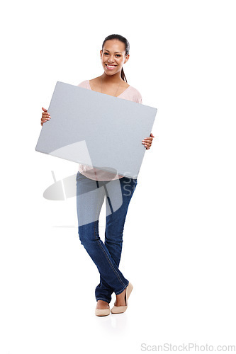 Image of Black woman, studio portrait and marketing poster with smile, mockup and happy by white background. Isolated woman, mock up billboard and advertising for branding, blank paper board and happiness