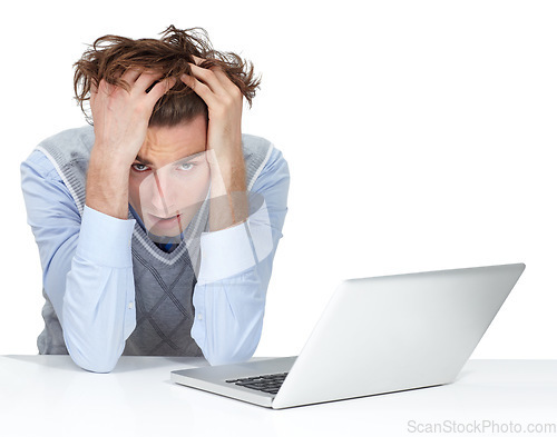 Image of Stress, headache and businessman on laptop, white background and 404 technology glitch. Tired worker with burnout, computer virus and mistake in studio with anxiety, crisis and confused tax problem