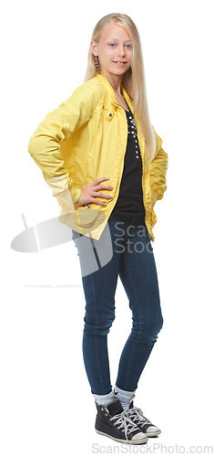 Image of Fashion, portrait and girl child model in a studio with a trendy, cool and stylish teenager outfit. Beauty, full body and vertical shot of a casual young kid with a smile isolated by white background