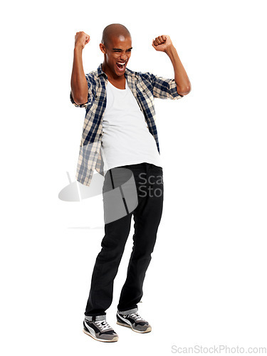 Image of Black man, excited and cheering for celebration and happiness with guy isolated on white studio background. Young male, gentleman or screaming with joy, winner or success with deal, wow or motivation