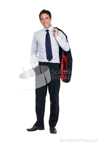 Image of Businessman, corporate portrait and success with leadership and ceo isolated on white background. Executive business man, smile and mindset with vision, happy with professional mockup and leader