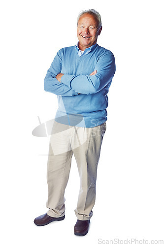 Image of Senior man, happy with smile and retirement, life insurance and portrait with mockup isolated on white background. Pensioner, happy old man and positive mindset with vitality, elderly and wellness