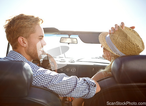 Image of Car road trip, travel and back of couple on bonding holiday adventure, transportation journey or fun summer vacation. Love flare, convertible automobile and driver driving on Canada countryside tour