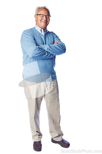 Image of Elderly man, smile in portrait with retirement, life insurance and glasses, mockup isolated on white background. Pensioner, happy old man and positive mindset, vitality and senior with arms crossed