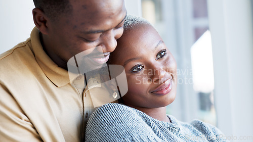 Image of Happy couple, morning coffee and hug to show love and care while looking out hotel, apartment or bedroom window on honeymoon vacation. Happy black man and woman showing commitment and romance