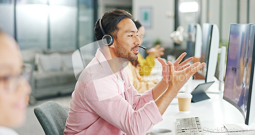 Image of CRM, customer service or consultant business man with life insurance telemarketing, help or communication. Tech sales advisor, call center or employee for contact us, consulting or customer support