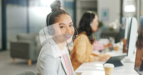 Image of Happy CRM portrait, customer service or woman consultant smile for success telemarketing, help or communication. Sales advisor, call center or employee for contact us consulting or customer support