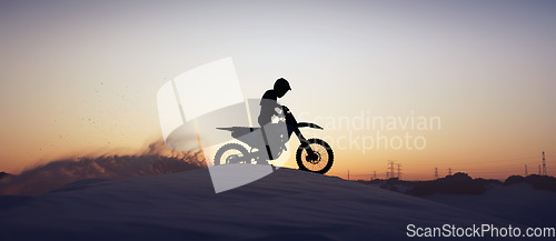 Image of Motorcycle, sport and silhouette of man on bike at night, sky and background in nature. Fitness sports, exercise biking or motorbike person driving on dirt sand, hill mountain or desert for health