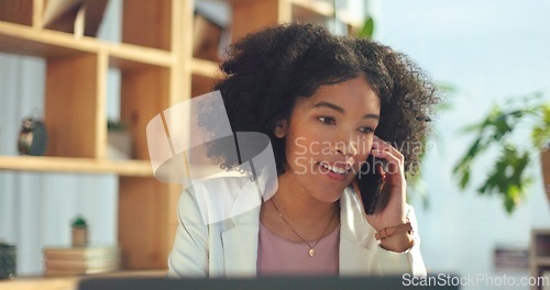 Image of Phone call, communication and business woman with a laptop for networking, planning and creative work in an office. Advertising, talking and African employee on a mobile for a strategy for a startup