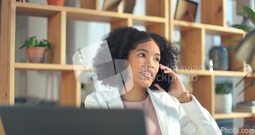 Image of Phone call, communication and business woman with a laptop for networking, planning and creative work in an office. Advertising, talking and African employee on a mobile for a strategy for a startup