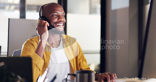 Image of Call center, customer service and black man consultant in the office doing a consultation online. Contact us, ecommerce sales professional and male telemarketing agent working on a crm