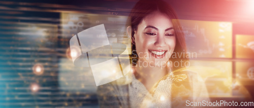 Image of Business woman, futuristic overlay and global investment overlay at night with corporate work. Digital data, happy employee and financial worker working with ux information technology with a smile