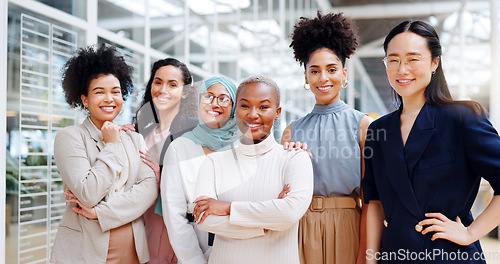 Image of Corporate women, empowerment and portrait of team with smile at HR department at creative marketing startup. Teamwork, diversity and confident group of happy women and ideas in human resources office