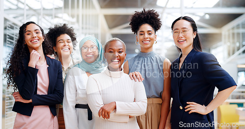 Image of Women, diversity and empowerment, portrait of team in HR department at creative marketing startup company. Teamwork, power and confident group of happy women with smile and leadership human resources