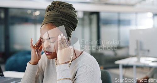 Image of Black woman, stress headache or call center headset in telemarketing coworking office, customer support company or consulting startup. Receptionist, contact us computer or technology worker burnout