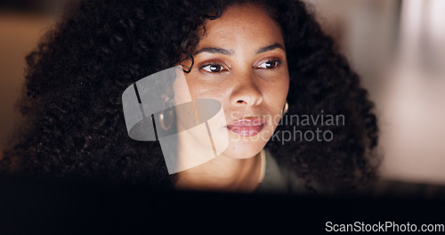 Image of Work, overtime and business woman reading online, working late on project or report in Brazil. Night at office, deadline and businesswoman on website and networking for corporate startup in evening.