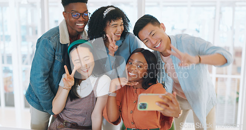 Image of Smile, friends and selfie with business people and phone for teamwork, diversity and support. Social media, community and technology with employee in startup for internet, creative and networking