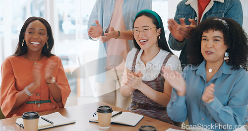 Image of Success, applause or people in a meeting or presentation celebrate team goals, target or kpi sales performance. Community, diversity or happy crowd of employees clapping to support business growth